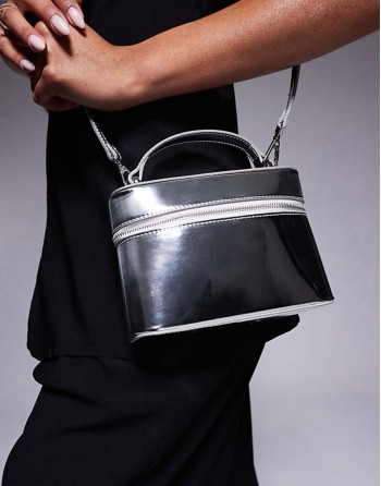 vanity box bag with detachable cross body strap in high shine silver