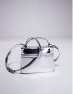 vanity box bag with detachable cross body strap in high shine silver