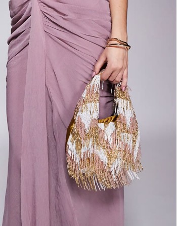 bead embellished tassle shoulder bag in pink and gold