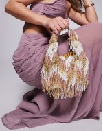 bead embellished tassle shoulder bag in pink and gold