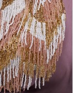 bead embellished tassle shoulder bag in pink and gold