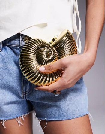 round ammonite shell clutch bag with crossbody chain strap in gold