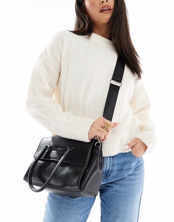 PASQ flap over grab bag with crossbody strap in black