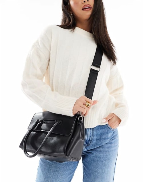 PASQ flap over grab bag with crossbody strap in black