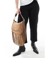 tassel cross body suedette bag in tan
