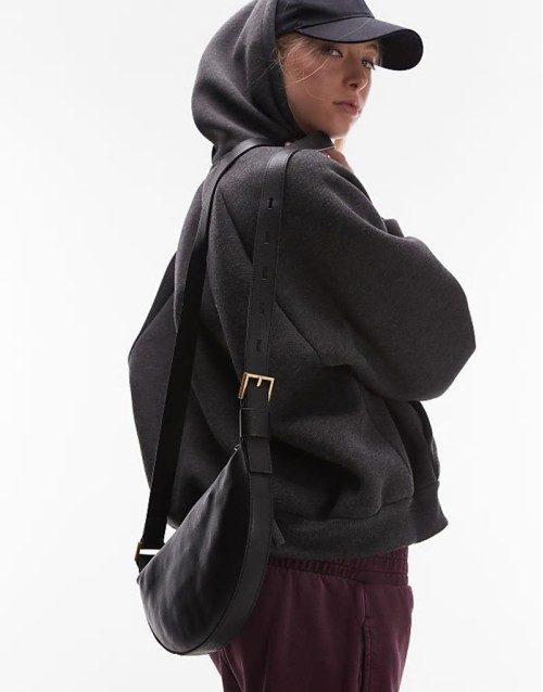 Premium Half Moon leather crossbody bag in black