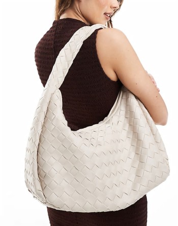 oversized woven shoulder bag in off white