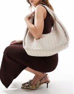 oversized woven shoulder bag in off white
