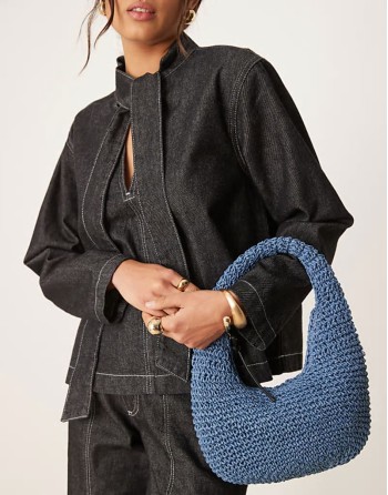 hand crochet straw shoulder bag in blue