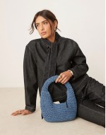hand crochet straw shoulder bag in blue