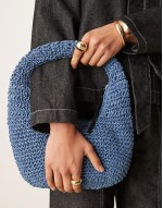 hand crochet straw shoulder bag in blue