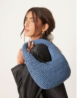 hand crochet straw shoulder bag in blue