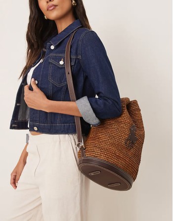 raffia bucket bag with contrast pony player logo in dark brown