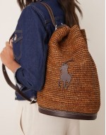 raffia bucket bag with contrast pony player logo in dark brown