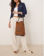 raffia bucket bag with contrast pony player logo in dark brown