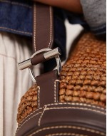 raffia bucket bag with contrast pony player logo in dark brown