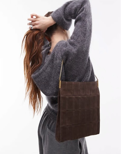 suede square shoulder bag in dark brown