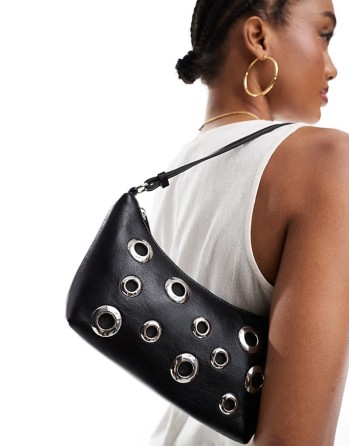 scoop shoulder bag with studded eyelets in black