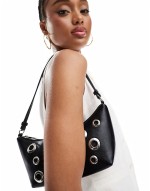 scoop shoulder bag with studded eyelets in black