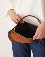 faux suede scoop studded shoulder bag in tan