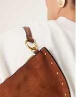 faux suede scoop studded shoulder bag in tan