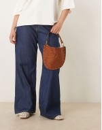faux suede scoop studded shoulder bag in tan