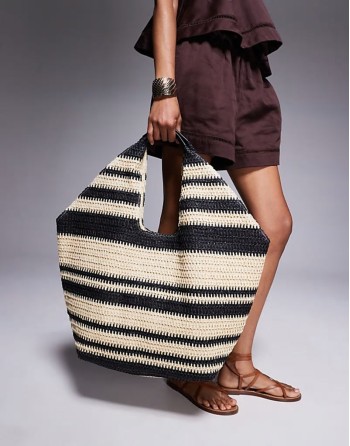 oversized landscape straw tote bag in black stripe