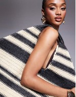 oversized landscape straw tote bag in black stripe