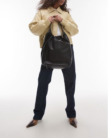Lennox leather tote with ruche detail in black