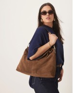 suede fold over flap tote bag in chocolate