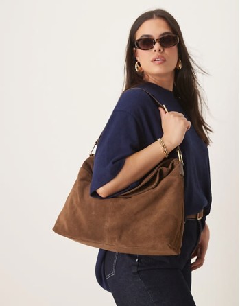suede fold over flap tote bag in chocolate