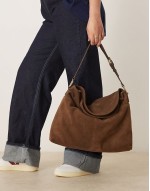 suede fold over flap tote bag in chocolate