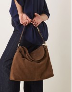 suede fold over flap tote bag in chocolate